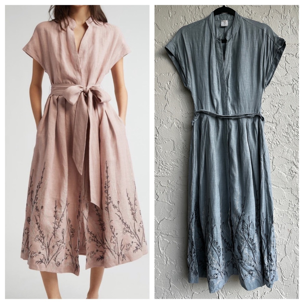 Eleventy Italy Linen Midi Dress Blue Floral Embroidered Belted Women 2/XS